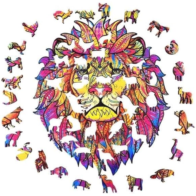 WOODEN JIGSAW PUZZLES, 3D WOODEN ANIMALS SHAPED PUZZLES, BEST GIFT FOR ADULTS AND KIDS DIY PUZZLE PIECE, COLORFUL UNIQUE SHAPED LION PUZZLES A5-5.8 X 8.2 IN (LION 1) - Image 4